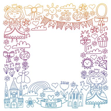 Küçük kızlar için vektör deseni. Mutlu Doğum günü partisi için Prenses illüstrasyon.