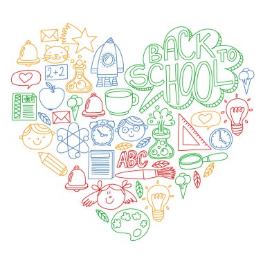 Küçük öğrenciler ile okul simgeleri ile vektör deseni. Çocuk eğitim kimya, yaratıcılık, matematik, fizik, cebir, geometri, biyoloji, coğrafya, astronomi.