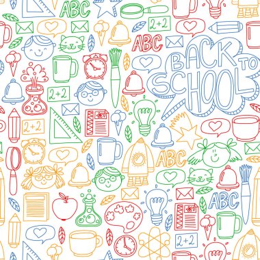 Küçük öğrenciler ile okul simgeleri ile vektör deseni. Çocuk eğitim kimya, yaratıcılık, matematik, fizik, cebir, geometri, biyoloji, coğrafya, astronomi.