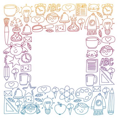 Küçük öğrenciler ile okul simgeleri ile vektör deseni. Çocuk eğitim kimya, yaratıcılık, matematik, fizik, cebir, geometri, biyoloji, coğrafya, astronomi.