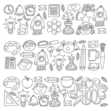 Küçük öğrenciler ile okul simgeleri ile vektör deseni. Çocuk eğitim kimya, yaratıcılık, matematik, fizik, cebir, geometri, biyoloji, coğrafya, astronomi.