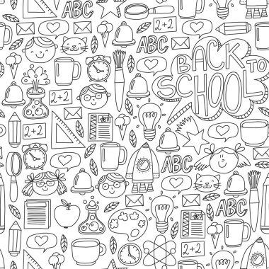 Küçük öğrenciler ile okul simgeleri ile vektör deseni. Çocuk eğitim kimya, yaratıcılık, matematik, fizik, cebir, geometri, biyoloji, coğrafya, astronomi.