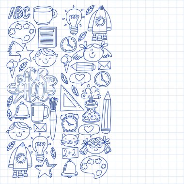 Posterler, afişler, kapaklar için okul simgelerine geri dönen vektör deseni. Çocuklar, çocuk eğitimi.