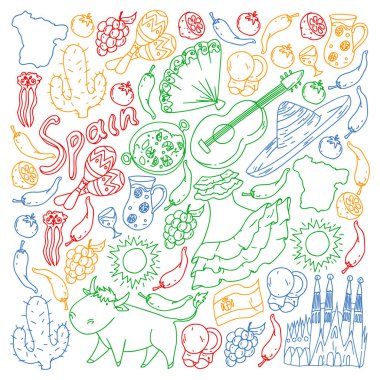 İspanya vektör deseni. İspanyolca geleneksel semboller ve nesneler.