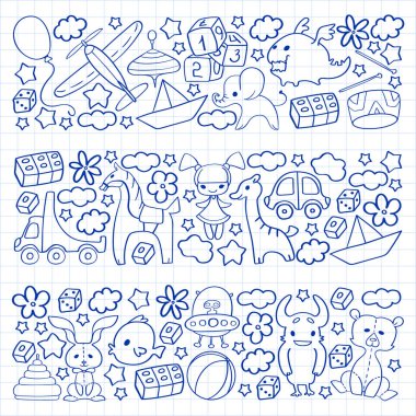 Çocuk oyuncakları ile vektör deseni. Küçük çocuklar için Doodle tarzında anaokulu elemanları. Eğitim, oyun, büyümek