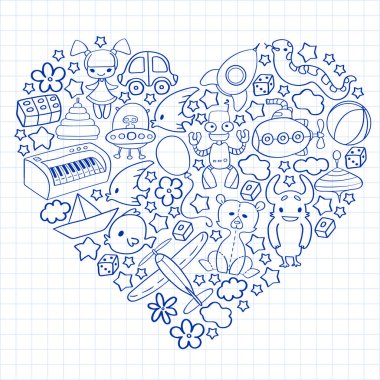 Çocuk oyuncakları ile vektör deseni. Küçük çocuklar için Doodle tarzında anaokulu elemanları. Eğitim, oyun, büyümek