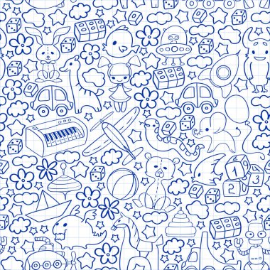 Çocuk oyuncaklarında kusursuz şablon. Küçük çocuklar için karalama tarzında anaokulu unsurları. Eğitim, oyun, büyüme