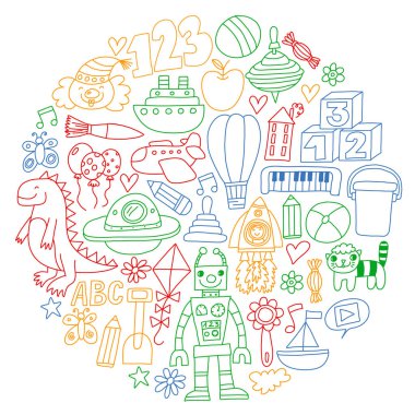 Çocuk oyuncakları ile vektör deseni. Robot, roket, at, bebek