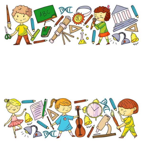 Cute school children. Imagination and creativity. Play and learn, singing, dancing, reading, drawing. — Stock Vector