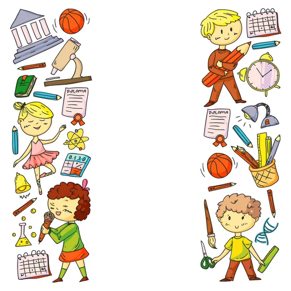 Cute school children. Imagination and creativity. Play and learn, singing, dancing, reading, drawing. — Stock Vector