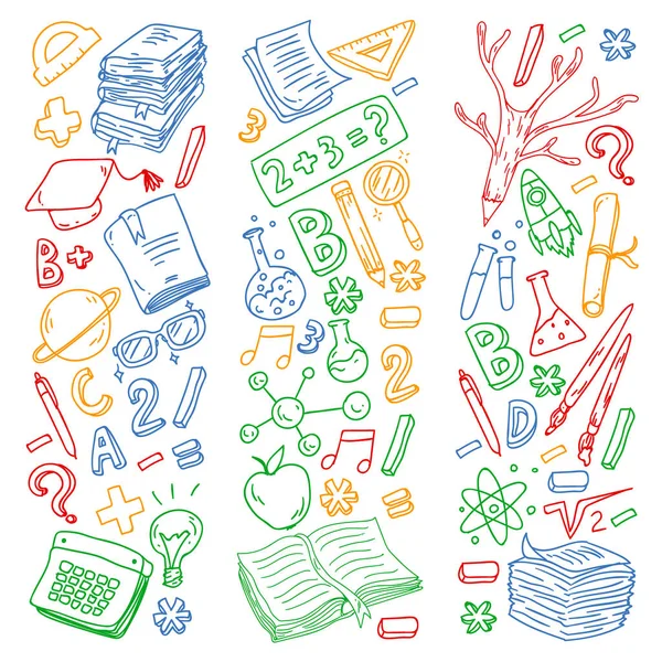 Schule, Hochschule, Universität, Kindergarten mit Vektorelementen und Symbolen. Kreativität und Fantasie. — Stockvektor