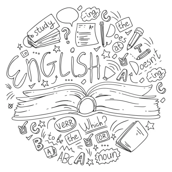 Escola de idiomas para adultos e crianças. Padrão com ícones sobre aprendizagem de inglês . — Vetor de Stock