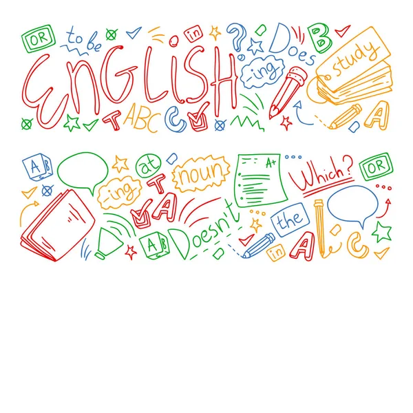 Cursos de inglés. Concepto vectorial de Doodle ilustración del aprendizaje del idioma inglés . — Archivo Imágenes Vectoriales