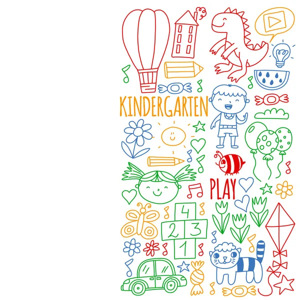 Pola vektor untuk spanduk taman kanak-kanak, poster dengan bulan, planet, pesawat ruang angkasa, roket, matahari, buah-buahan, rumah, bunga. Kreativitas dan imajinasi  . Stok Ilustrasi 