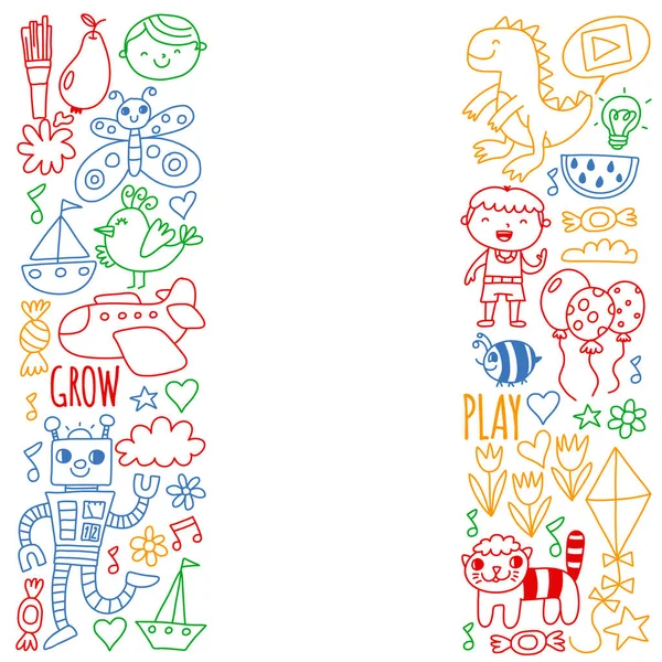 Pola vektor untuk spanduk taman kanak-kanak, poster dengan bulan, planet, pesawat ruang angkasa, roket, matahari, buah-buahan, rumah, bunga. Kreativitas dan imajinasi  . Grafik Vektor