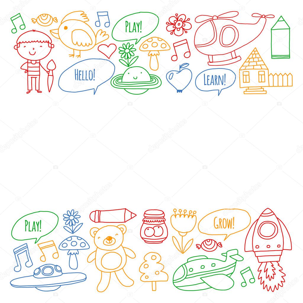 Vector pattern with little children. Kindergarten, play and grow together.