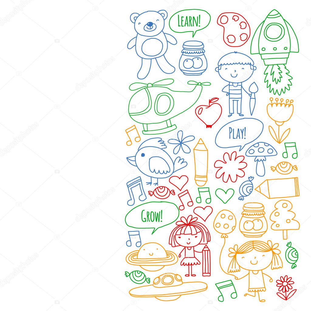 Vector pattern with little children. Kindergarten, play and grow together.