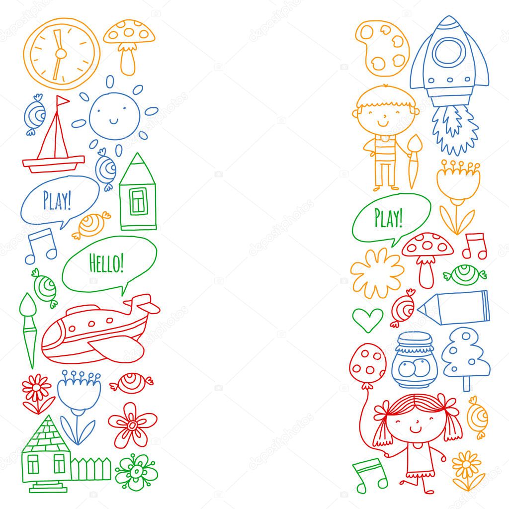 Vector pattern with little children. Kindergarten, play and grow together.