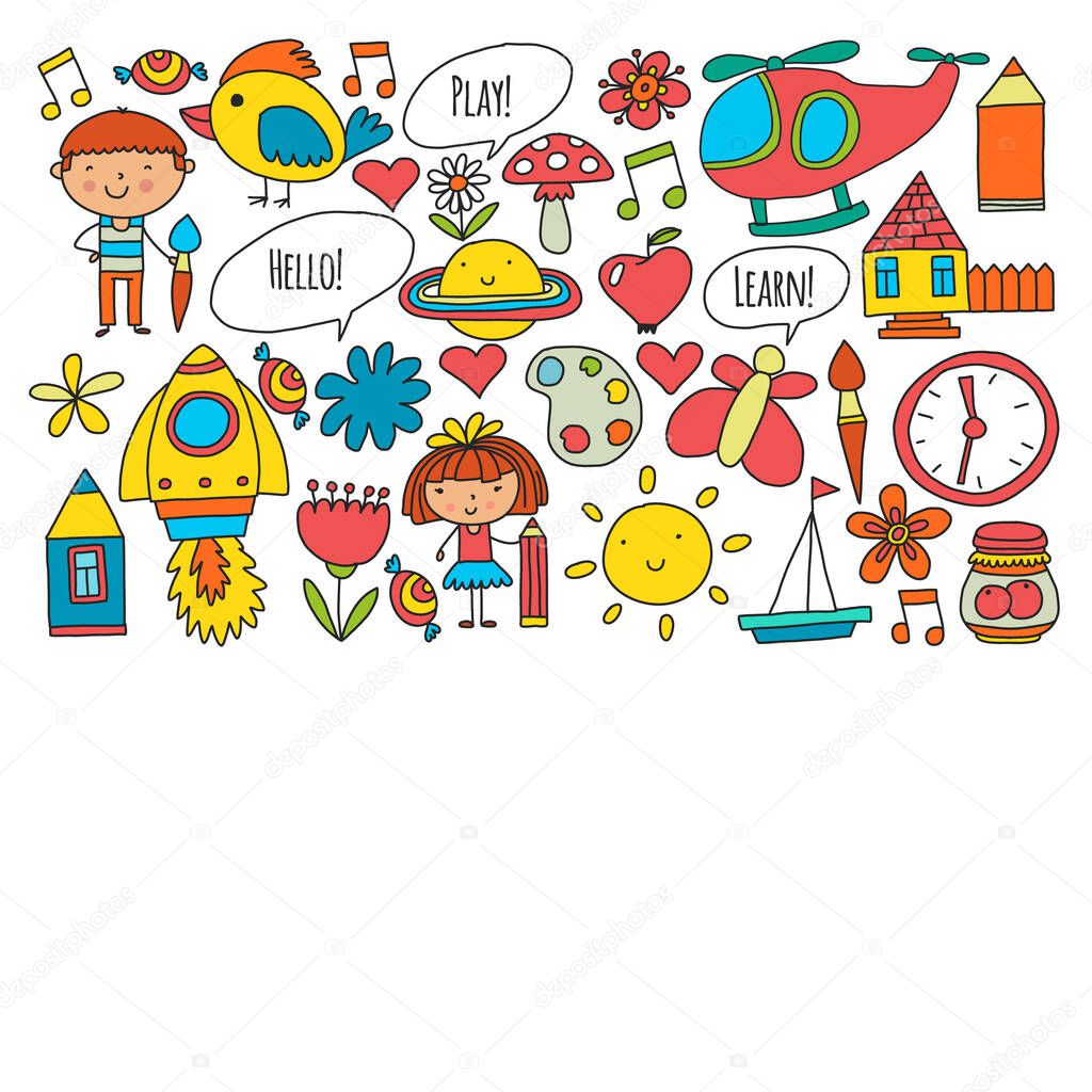 Vector pattern with little children. Kindergarten, play and grow together.