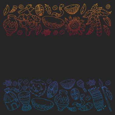 Afiş ve posterler için Vektör afrika kabile desen. Hayvanların simgeleri ve çocuklar için geleneksel unsurlar kumaş, giysi, tekstil. Seyahat ve macera