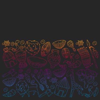 Afiş ve posterler için Vektör afrika kabile desen. Hayvanların simgeleri ve çocuklar için geleneksel unsurlar kumaş, giysi, tekstil. Seyahat ve macera