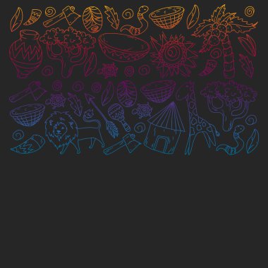 Afiş ve posterler için Vektör afrika kabile desen. Hayvanların simgeleri ve çocuklar için geleneksel unsurlar kumaş, giysi, tekstil. Seyahat ve macera