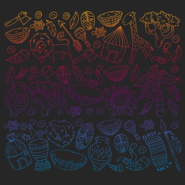 Afiş ve posterler için Vektör afrika kabile desen. Hayvanların simgeleri ve çocuklar için geleneksel unsurlar kumaş, giysi, tekstil. Seyahat ve macera