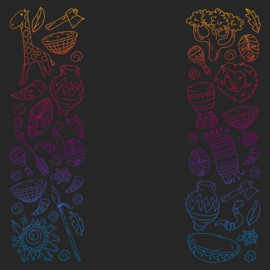 Afiş ve posterler için Vektör afrika kabile desen. Hayvanların simgeleri ve çocuklar için geleneksel unsurlar kumaş, giysi, tekstil. Seyahat ve macera