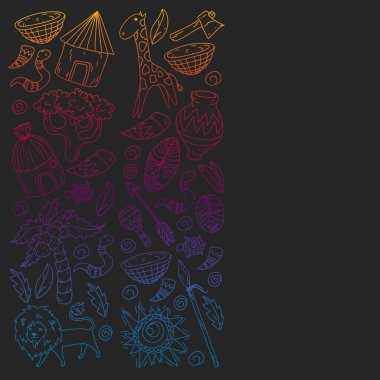 Afiş ve posterler için Vektör afrika kabile desen. Hayvanların simgeleri ve çocuklar için geleneksel unsurlar kumaş, giysi, tekstil. Seyahat ve macera