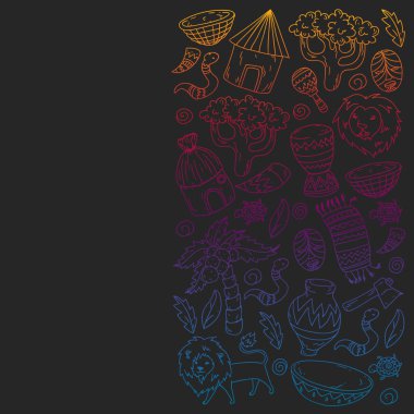 Afiş ve posterler için Vektör afrika kabile desen. Hayvanların simgeleri ve çocuklar için geleneksel unsurlar kumaş, giysi, tekstil. Seyahat ve macera