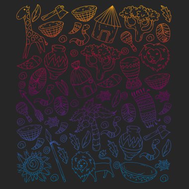 Afiş ve posterler için Vektör afrika kabile desen. Hayvanların simgeleri ve çocuklar için geleneksel unsurlar kumaş, giysi, tekstil. Seyahat ve macera