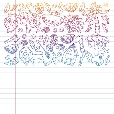 Afiş ve posterler için Vektör afrika kabile desen. Hayvanların simgeleri ve çocuklar için geleneksel unsurlar kumaş, giysi, tekstil. Seyahat ve macera