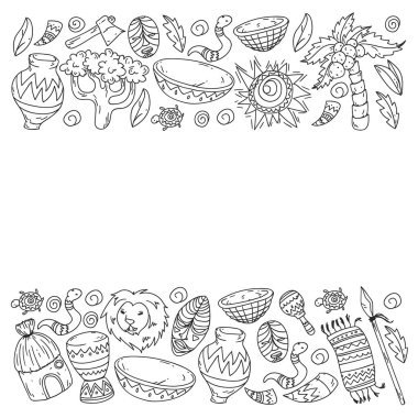 Afiş ve posterler için Vektör afrika kabile desen. Hayvanların simgeleri ve çocuklar için geleneksel unsurlar kumaş, giysi, tekstil. Seyahat ve macera