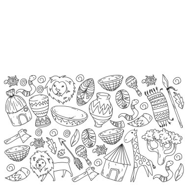 Afiş ve posterler için Vektör afrika kabile desen. Hayvanların simgeleri ve çocuklar için geleneksel unsurlar kumaş, giysi, tekstil. Seyahat ve macera