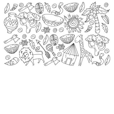 Afiş ve posterler için Vektör afrika kabile desen. Hayvanların simgeleri ve çocuklar için geleneksel unsurlar kumaş, giysi, tekstil. Seyahat ve macera