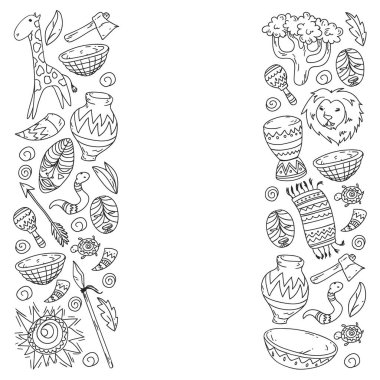 Afiş ve posterler için Vektör afrika kabile desen. Hayvanların simgeleri ve çocuklar için geleneksel unsurlar kumaş, giysi, tekstil. Seyahat ve macera