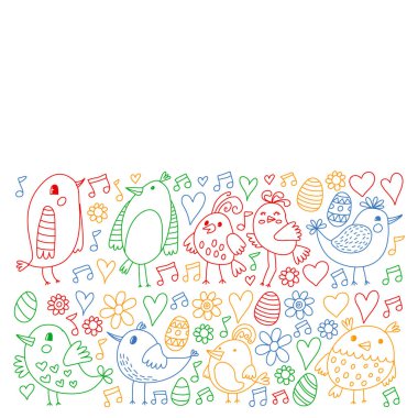 Desen çocuk kumaş, tekstil, kreş duvar kağıdı. Vektör Illustration. Küçük çocuklar için el çizilmiş şarkı kuşlar ve çiçekler.