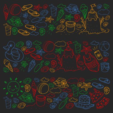 Vektör deseni. Yaz tatilleri. Plaj, okyanus, ada, güneş