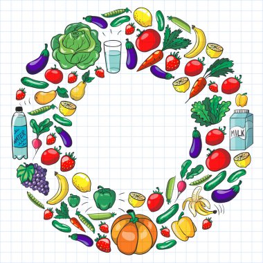 Sağlıklı gıda ile vektör deseni. Meyve ve sebzeler. Süt, süt ürünleri. Mağaza, alışveriş merkezi, menü, kafe, restoran için desen.