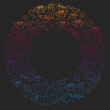 Vektör küçük çocuklar için doğum günü partisi için korsan unsurları ile ayarlayın. Ahtapot, plaj, hazine sandığı, gemi ile Çocuk desen