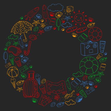 Vektör deseni. Yaz tatilleri. Seyahat ve maceralar. Plaj, okyanus, ada, güneş