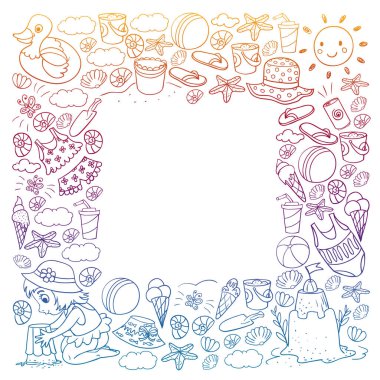 Küçük chilren ile vektör deseni. Aile yaz tatilleri. Plaj, okyanus, ada, güneş. Çocuklar oynar. Yüzme ve rahatlama.