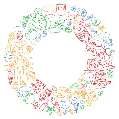Küçük chilren ile vektör deseni. Aile yaz tatilleri. Plaj, okyanus, ada, güneş. Çocuklar oynar. Yüzme ve rahatlama.