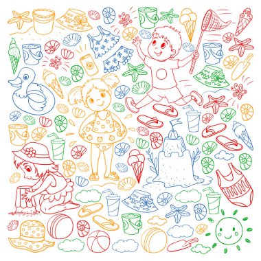 Küçük chilren ile vektör deseni. Aile yaz tatilleri. Plaj, okyanus, ada, güneş. Çocuklar oynar. Yüzme ve rahatlama.