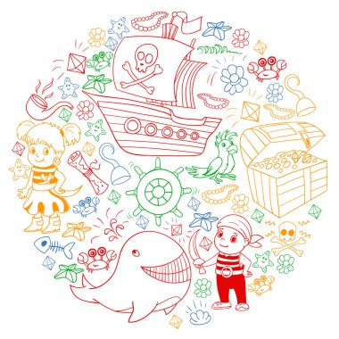 Vektör küçük çocuklar için doğum günü partisi için korsan unsurları ile ayarlayın. Ahtapot, plaj, hazine sandığı, gemi ile Çocuk desen