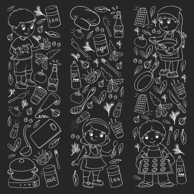 Küçük çocuklar için yemek pişirme kursunun vektör kalıbı. Çocuk simgeleri. Sağlıklı beslenme.