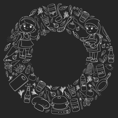 Küçük çocuklar için yemek pişirme kursunun vektör kalıbı. Çocuk simgeleri. Sağlıklı beslenme.