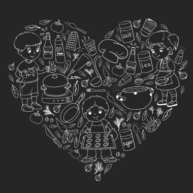 Küçük çocuklar için yemek pişirme kursunun vektör kalıbı. Çocuk simgeleri. Sağlıklı beslenme.