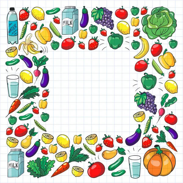 Patrón vectorial con alimentos saludables. Frutas y verduras. Leche, productos lácteos. Patrón para tienda, centro comercial, menú, cafetería, restaurantes . — Vector de stock