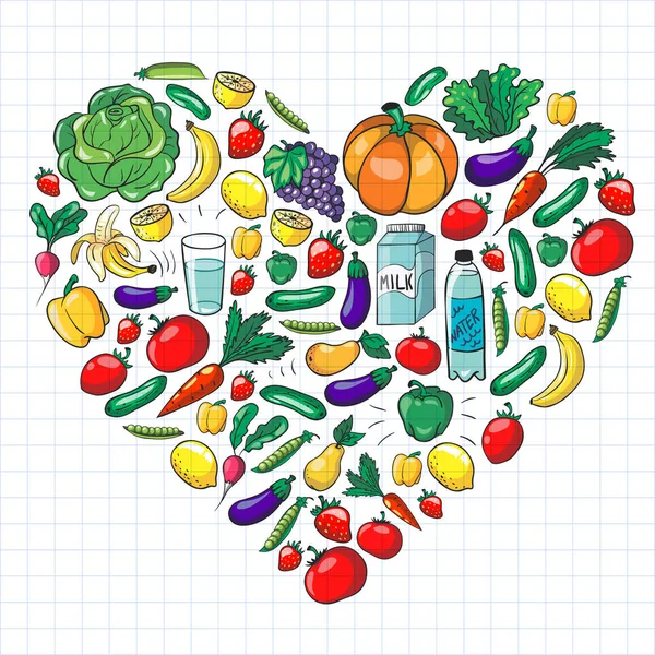 Διανυσματικά μοτίβα με υγιεινά τρόφιμα. Φρούτα και λαχανικά. Γάλα, γαλακτοκομικά προϊόντα. Μοτίβο για κατάστημα, εμπορικό κέντρο, μενού, καφέ, εστιατόρια. — Διανυσματικό Αρχείο